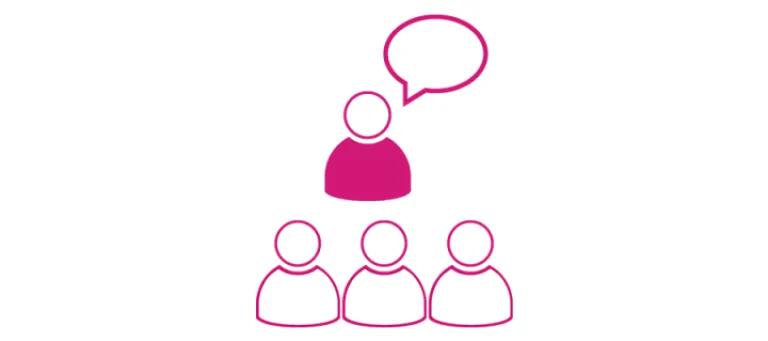 Silhouette of a head and shoulders figure speaking to three others and a thinking cloud above them